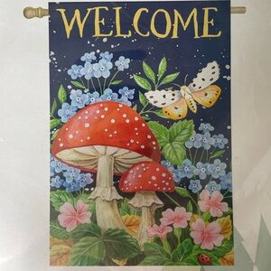 Mushrooms Butterfly Floral Welcome Garden House Flag 29”x43” Decorative